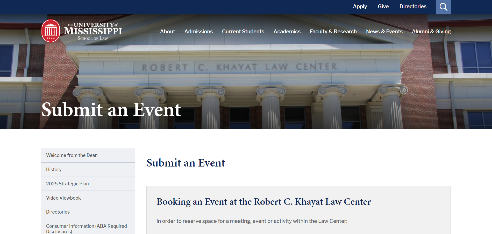 Page de soumission d'un événement de l'Université du Mississippi